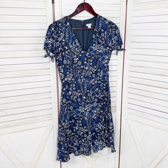 J. Crew Floral Faux Wrap Mini Skater Dress Blue Size 0 Ruffle Trim Short Sleeve - Picture 9 of 14